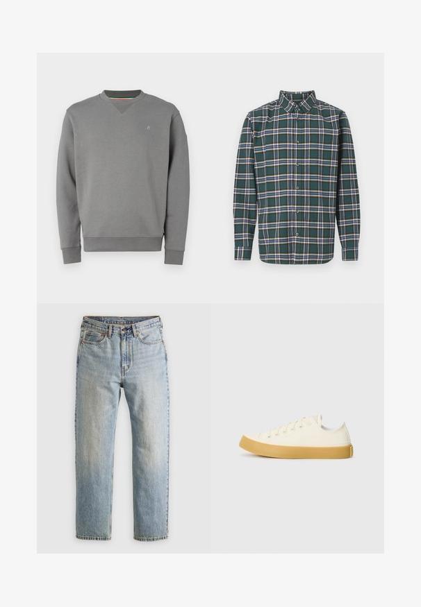 Pelēks sporta krekls ar apaļu kakla izgriezumu, ribotām aprocēm un apakšmalu. Tam ir neliels logotipa detalizējums uz krūšu daļas un teksturēta auduma apdare.; Zaļš flaneļa krekls ar ietērpu, kurā ir zila, balta un sinepju dzeltena krāsa. Ar pogām aizdaram un uzgaļotām apkaklēm. Garas piedurknes.; Gai zila denima bikses ar augstu jostasvietu, priekšējo pogu, rāvējslēdzēju un piecu kabatu dizainu, izlīdzinātas uz neitrāla fona.; Kanvasas tenisa apavi ofē un balta krāsā ar apaļu purngali, ar beicu gumijas zole un piecām acīm šņorēšanai, teksturēta virsma augšdaļā.