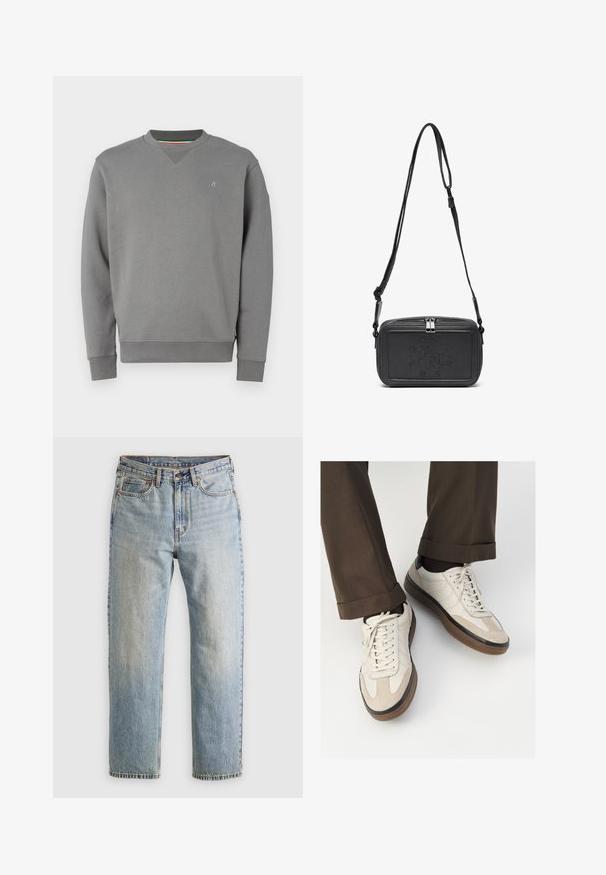 Szary sweatshirt z okrągłym dekoltem, ściągaczami na mankietach i u dołu. Posiada subtelny detal z logo na piersi oraz teksturowane wykończenie materiału.; Jasnoniebieskie dżinsy z wysokim stanem, z guzikiem z przodu, zamkiem błyskawicznym i pięcioma kieszeniami, ułożone na płasko na neutralnym tle.; Beżowe sneakersy z teksturowanym zamszowym przodem, gładkimi skórzanymi bokami i brązową gumową podeszwą. Zawierają sznurówki oraz subtelne detale w dwóch kolorach.; Czarna skórzana torba na ramię z zamkiem błyskawicznym, wytłoczone logo na przodzie i regulowanym paskiem. Gładka tekstura w prostokątnym kształcie.