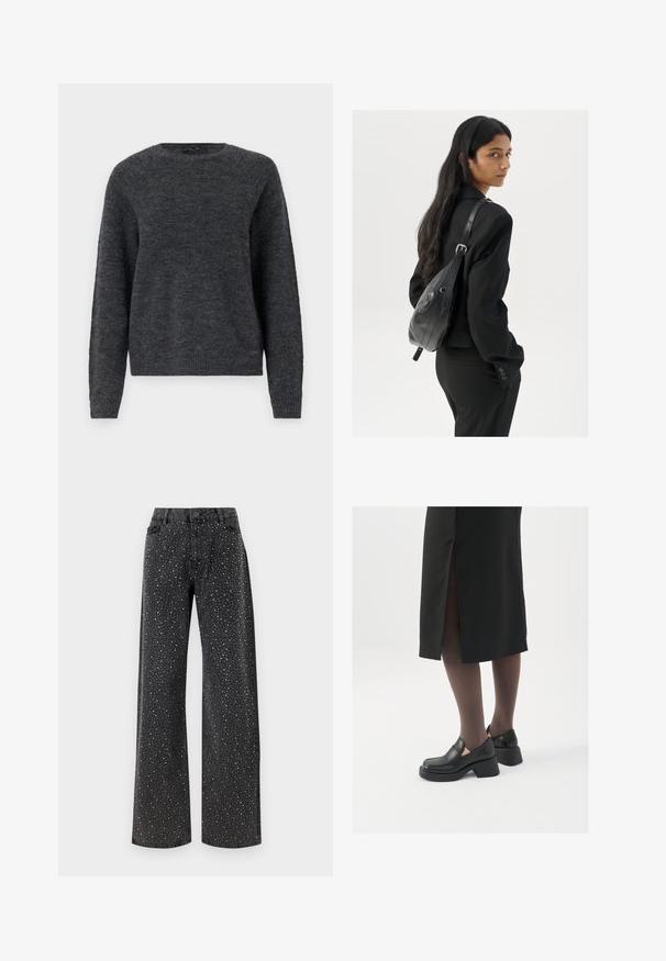 ONLY ONLROME LIFE O NECK - Pulover - dark grey melange; Noisy May NMJANNEL LOOSE - Blugi loose fit - black denim; Pantofi din piele neagră cu vârful rotund, toc bloc gros și accente elastice pe lateral, asortați cu colanți închiși la culoare și o fustă neagră cu o fanta.; Femeie cu păr lung și închis la culoare, îmbrăcată într-un costum negru, purtând o geantă de umăr din piele neagră, privind peste umăr, pe un fundal alb.