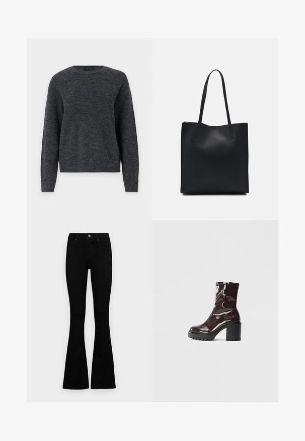 ONLY ONLROME LIFE O NECK - Strickpullover - dark grey melange; Schwarze hochtaillierte Jeans mit einem Knopf- und Reißverschluss, Fronttaschen und ausgestellten Beinen, flach auf einem weißen Hintergrund ausgelegt.; Glatte bordeauxrote Ankle Boots mit einem klobigen schwarzen Absatz, die eine glatte Oberfläche und ein einfaches Design aufweisen. Keine sichtbaren Verschlüsse oder Muster.; Schwarze Laptoptasche aus Leder mit glatter Textur, rechteckiger Form und zwei langen Griffen. Keine sichtbaren Beschläge oder Verzierungen.