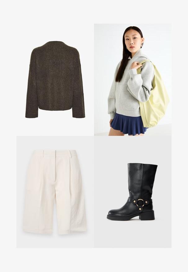 Pieces Pullover - morel; Shorts en lin blancs avec un design ajusté, avant plissé et ouvertures larges. Texture lisse et longueur jusqu'au milieu de la cuisse.; Botte en cuir noire mi-mollet avec un talon épais et une sangle décorative incluant une boucle circulaire dorée sur fond blanc.; Sweat-shirt oversized gris avec une poche kangourou, associé à une jupe évasée marine. Accessoire : grand sac à dos jaune clair, texture lisse.