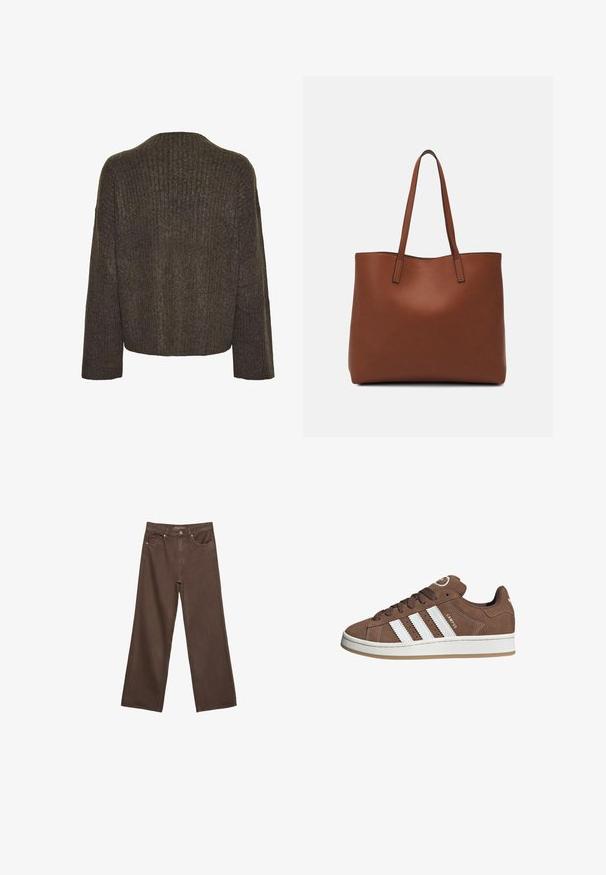 Pieces Svetr - morel; Hnědé džíny s širokými nohavicemi vyrobené z denimu, s vysokým pasem, předními kapsami a klasickým zapínáním na knoflík. Hladká textura s jemným švem.; Hnědé semišové tenisky s bílými koženými pruhy, gumovou podrážkou, kulatou špičkou a šněrováním vpředu. Mají logo na jazyku a perforované detaily.; Hnědá kožená taška přes rameno s hladkou texturou, otevřeným designem a dvěma ramenními popruhy. Obsahuje minimální švy a žádné viditelné kovové prvky.