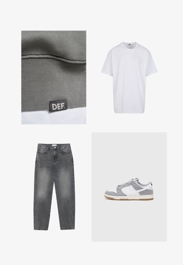 Tissu de sweat-shirt gris avec une texture côtelée. Présente une étiquette noire avec le texte blanc "DEF" au bas de l'ourlet. Surface lisse et design simple.; T-shirt en coton blanc avec des manches courtes, un col rond, une coupe décontractée et sans logos ni motifs visibles. Texture lisse et design minimaliste.; Jean taille haute, décontracté en denim noir délavé. Comprend cinq poches, des passants de ceinture et un design de jambe droite épurée.; Baskets grises et blanches avec un dessus en suède et cuir, bout rond, lacets plats et semelle en caoutchouc avec une touche de gomme.