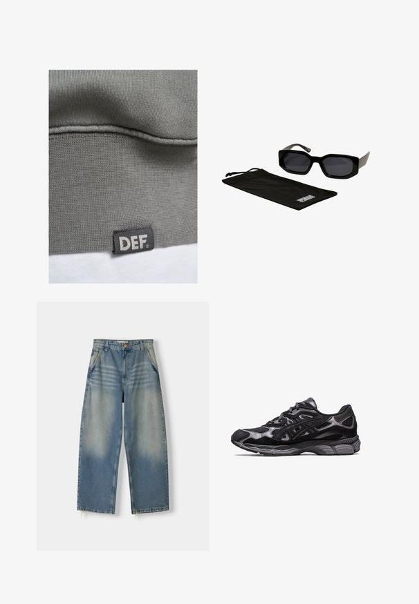 Grauer Sweatshirtstoff mit gerippter Textur. An der unteren Naht befindet sich ein schwarzes Etikett mit weißem Text "DEF". Glatte Oberfläche und schlichtes Design.; Hellblaue Denim-Jeans im weit geschnittenen Stil mit einem ausgewaschenen Finish, Fünf-Taschen-Design und rohem Saum. Mit einem Knopf- und Reißverschluss vorne.; Schwarzer Sportschuh mit einem Obermaterial aus Mesh und Wildleder, der ein strukturiertes Design und eine robuste, gepolsterte graue Sohle aufweist.; Schwarze Sonnenbrille mit eckigen, übergroßen Rahmen und dunklen Gläsern, begleitet von einem schwarzen Mikrofaserbeutel mit einem Logo.