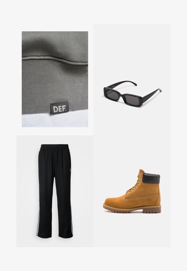 Sivi dukserica od tkanine sa rebrastom teksturom. Ima crnu oznaku sa bijelim natpisom "DEF" na donjem rubu. Glatka površina i jednostavan dizajn.; Crne sportske hlače s elastičnom trakom oko struka, s bijelim bočnim prugama i malim logotipom. Materijal izgleda mekan i lagan.; Antracitne antilop čizme do gležnjeva s crnim podstavljenim ovratnikom, zlatnim metalnim rupicama, bijelim šavovima i robusnom gumenom potplatom s izraženim šarama.; Crne pravokutne sunčane naočale s tamnim lećama, sjajnim završetkom, širokim drškama i masivnim okvirom. Ugraviran naziv branda na jednoj dršci.