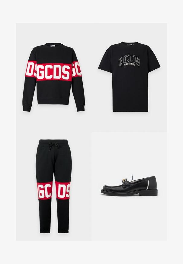 Black sweatshirt featuring a wide red band with large white letters "DSGDCS" across the chest. Classic crew neck and ribbed cuffs.; Black cotton t-shirt with short sleeves. Features white GCDS logo and "MILANO ITALY 1988" text in an arch. Standard fit and crew neck.; Black sweatpants with red knee patches featuring large white letters "GCDS," elastic waistband with drawstring, and tapered elastic cuffs.; Black leather loafer with a rounded toe, white accents, and gold hardware on the vamp. Features a textured patch and stacked heel.