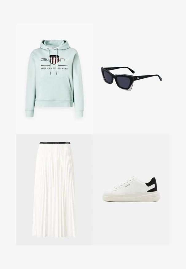 Jasno miętowa bluza z kapturem wykonana z miękkiej bawełny, z przednią kieszenią, regulowanymi sznurkami oraz wyraźnym logo w czerwonych i niebieskich akcentach.; Plisowana biała spódnica z czarnym elastycznym pasem z logo "LACOSTE". Średniej długości, o miękkiej teksturze.; Białe skórzane sneakersy z grubą białą podeszwą, czarnym zamszowym akcentem na pięcie oraz wytłoczonym logotypem z boku. Projekt z sznurówkami i sześcioma dziurkami.; Czarne, oversize okulary przeciwsłoneczne o geometrycznym kształcie, z ciemnymi soczewkami i kontrastującym szarym detalem na oprawie. Logo na ramieniu.