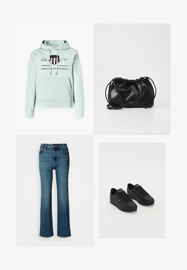 Sudadera verde menta clara hecha de algodón suave, con un bolsillo frontal, cordones ajustables y un logotipo destacado con acentos rojos y azules.; Jeans de tiro alto en azul, confeccionados en denim, con un diseño de pierna recta, un ligero desvanecido y un cierre estándar de botón y cremallera.; Zapatillas bajas negras de material suave, con cordones gruesos, una suela texturizada y un pequeño logo en el lateral y la lengüeta.; Bolso de mano de cuero negro con diseño fruncido, cierre de doble cordón y correa de hombro desmontable. Presenta un detalle metálico del logo.