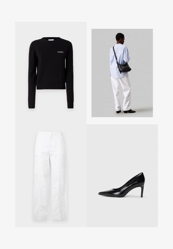 Pulover negru tricotat cu mâneci lungi, decolteu rotund și manșete și tiv cu dungi. Prezintă logo-ul "2ND DAY" brodat pe piept.; Pantaloni albi cu croială largă, fabricați dintr-un material ușor, având o textură netedă, linii curate și un design cu talie înaltă.; Pantof de damă din piele neagră, cu toc înalt, vârf ascuțit, textură fină și toc conic. Design minimalist, fără embellishments suplimentare.; Geantă de umăr din piele neagră cu o textură moale, formă triunghiulară și curea ajustabilă, asortată cu o bluză cu dungi albastre deschise și pantaloni albi.