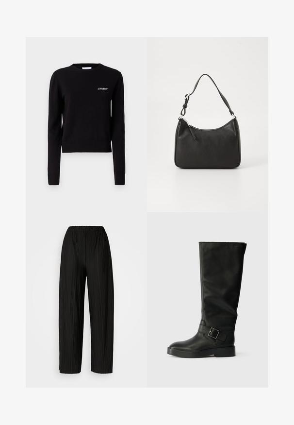 Čierny pletený sveter s dlhými rukávmi, okrúhlym výstrihom a ribovanými manžetami a lemom. Na hrudi sa nachádza vyšitý logotyp "2ND DAY".; Čierne plisované nohavice s širokými nohavicami a elastickým pásom. Tkanina má vertikálne plisovanie a hladkú textúru.; Čierne kožené čižmy do kolien s hladkým povrchom, zaoblenou špičkou, hrubou podrážkou a vodorovným remienkom s detaileme v tvare obdĺžnika.; Čierna kožená kabelka s oblým tvarom, jediným popruhom, zipsom a nenápadným logom na prednej strane. Hladká textúra, minimalistický dizajn.