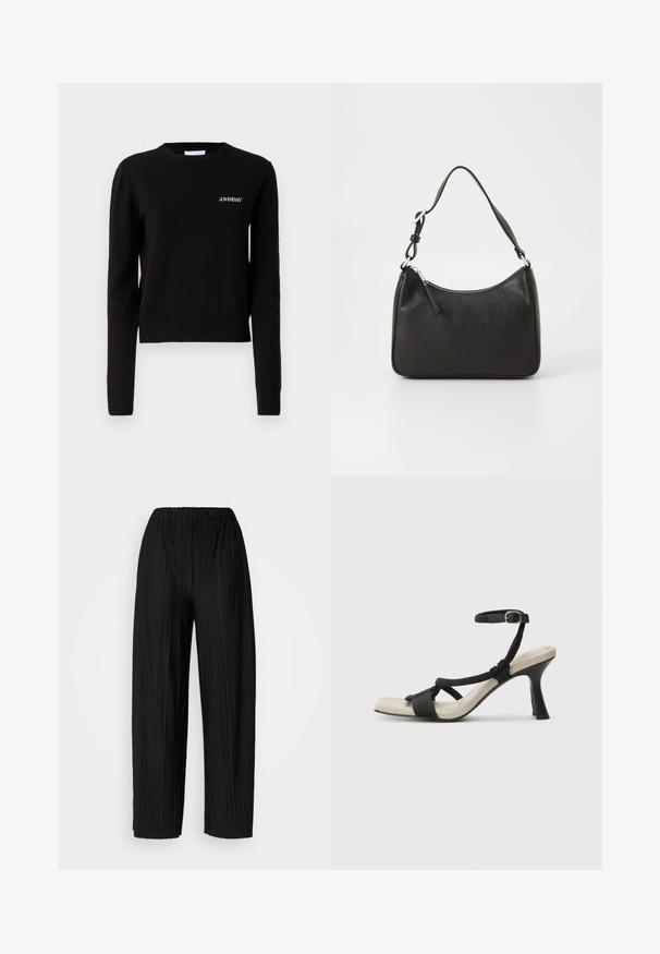 Zwarte gebreide trui met lange mouwen, een ronde halslijn en geribde manchetten en zoom. Beschikt over het geborduurde "2ND DAY" logo op de borst.; Zwarte plooibroek met wijde benen en een elastische tailleband. De stof heeft verticale plooien en een gladde textuur.; Zwarte hoge hak sandaal met een gevlochten bandontwerp, vierkante teen en verstelbare enkelband. Lichtbeige voetbed met een glanzende zwarte hak.; Zwarte leren handtas met een gebogen vorm, een enkele schouderband, ritsluiting en subtiele branding aan de voorkant. Glad textuur, minimalistisch ontwerp.