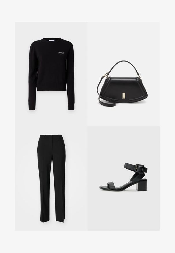 Svart strikket genser med lange ermer, rund hals og ribbestrikkede mansjetter og nederkant. Har "2ND DAY" logo brodert på brystet.; Sorte skreddersydde bukser med rett silhuett, med en glatt tekstur og klare pressede bretter foran. Ingen synlig maskinvare.; Svart lær hæl sandal med justerbar ankelstropp, åpen tå design og firkantet blokk hæl. Glatt tekstur, minimalistisk stil.; Sort lærveske med en strukturert design, som har en avkortet form, topphåndtak og detaljer i gull. Justerbar skulderstropp inkludert.