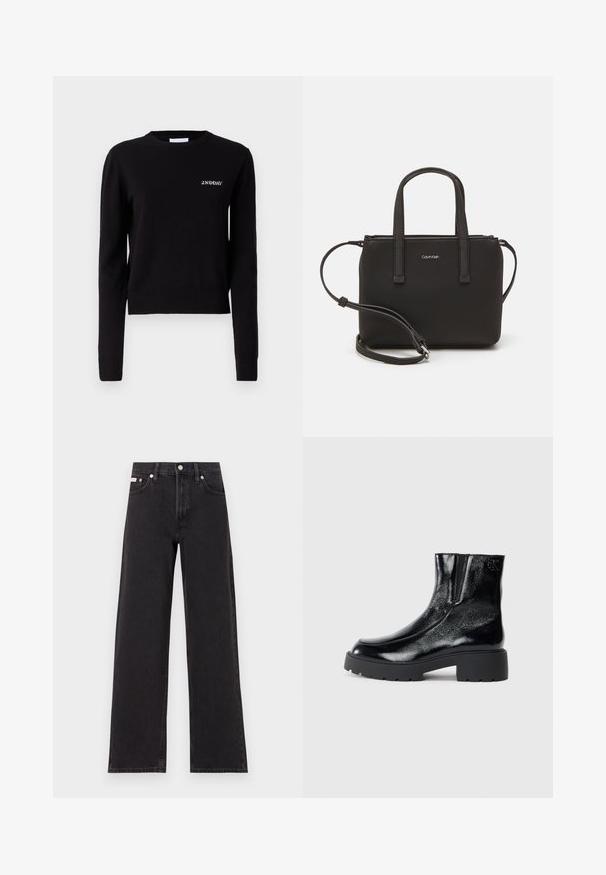 Juodas megztinis su ilgomis rankovėmis, apvaliu iškirpimu ir puošniais rankogaliais bei apačia. Krūtinėje išsiuvinėtas "2ND DAY" logotipas.; Juodos plačios kojų džinsai, pagaminti iš džinsinio audinio, su aukštu liemeniu, penkių kišenių stiliumi ir metaline sagte su kontrastingo siuvimo detalėmis.; Juodi kulkšniniai batai su blizgia lakuota oda, storu juodu guminio pado ir pakeltu kulnu; šone yra subtilus logotipo detalė.; Juoda rankinė su dviem trumpais rankenėlėmis ir nuimamu petį. Lygaus odos tipo medžiaga su užtrauktuku ir logotipo detale.