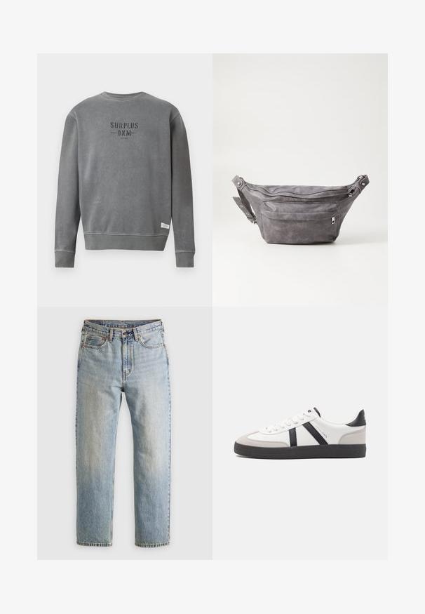 Sudadera gris de manga larga con cuello redondo, con el texto "SURPLUS DNM" impreso en negro en el pecho y una pequeña etiqueta blanca cerca del dobladillo.; Jeans de mezclilla azul claro de cintura alta, con botón frontal, cremallera y diseño de cinco bolsillos, dispuestos sobre un fondo neutro.; Zapatilla blanca con acentos en negro y gris, que presenta una puntera texturizada en gris, suela de goma negra y cordones planos blancos. Diseño limpio, estilo minimalista.; Riñonera de ante gris con forma redondeada, dos compartimentos con cremallera y correa ajustable. Presenta acentos de metal.