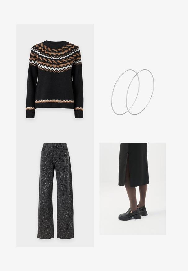 ONLY ONLISLE LIFE O NECK - Džemper - black/cartouche/cloud dancer; Noisy May NMJANNEL LOOSE - Avar lõikega teksad - black denim; Mustad mustad jalatsid ümmarguse varbaga, paksu plokkniidi ja elastsete külgdetailidega, kombineeritud tumedate sukkade ja musta lõhikuga seelikuga.; Hõbedased rõngastikkaehingad minimalistlikus disainis. Ümar kuju, sile tekstuur ja õhuke profiil. Kerged ning poleeritud viimistlusega.