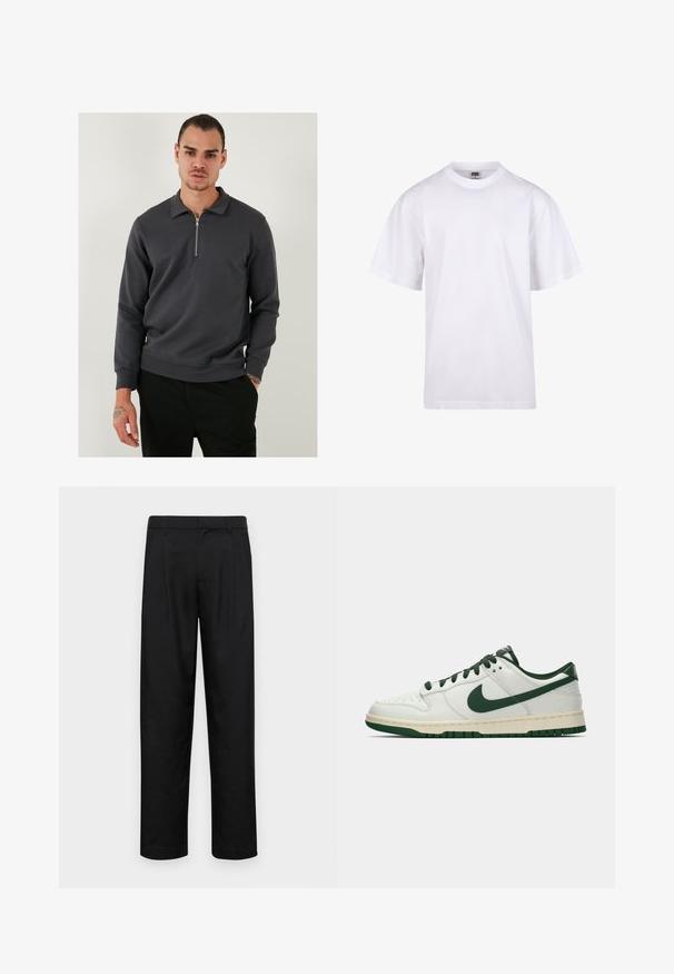 Pulover cu fermoar pe sfert de culoare gri închis, dintr-un amestec de bumbac fin. Dispune de un guler și manșete ribbate, având o croială lejeră și un design minim.; Tricou alb din bumbac, cu guler rotund, mâneci scurte și croială lejeră. Dispune de un design simplu, fără modele sau accente.; Pantaloni negri dintr-un material neted, cu un design drept, două pliuri frontale și un tiv standard cu bucle pentru curea.; Adidași albi cu vârf jos, având swoosh-ul Nike în verde închis, șireturile și accentele tălpii, prezentați în profil pe un fundal alb simplu.