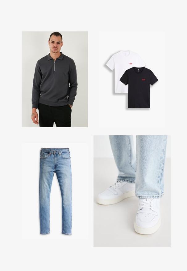 Donkergrijze kwart-rits pullover van een gladde katoenmix. Beschikt over een kraag en geribbelde manchetten, met een relaxte pasvorm en een minimalistisch ontwerp.; Twee t-shirts met korte mouwen: één wit en één zwart. Beide gemaakt van katoen met een rood Levi's logo op de borst. Eenvoudig ontwerp met ronde hals.; Lichtblauwe denim jeans met een rechte snit, vijf zakken, knoopsluiting en subtiele vervaging over de stof.; Witte leren lage sneakers met geperforeerde neus, platte veters en een minimalistisch ontwerp. Gecombineerd met lichtblauwe denim jeans.