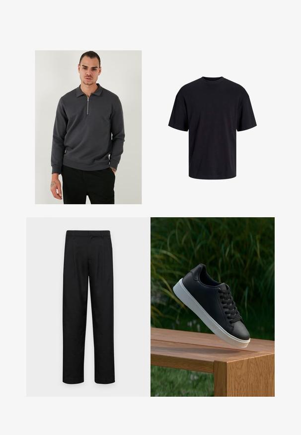 Tumši pelēks ceturtdaļas rāvējslēdzēja džemperis, izgatavots no gluda kokvilnas maisījuma auduma. Tam ir apkakle un ribotas aproces, kā arī brīvs piegriezums un minimālistisks dizains.; Melns kokvilnas T-krekls ar apaļu kakla izgriezumu, īsām piedurknēm un brīvu piegriezumu. Gluda tekstūra un nav redzamu rakstu vai akcentu.; Melnas bikses, izgatavotas no gludas auduma, ar taisnu kāju dizainu, divām priekšējām krokām un standarta jostu, kurai ir āķi.; Melnās ādas sporta apavi ar gludu tekstūru, baltu gumijas zoli un sešiem caurumiem šņorešanai, novietoti uz koka virsmas.