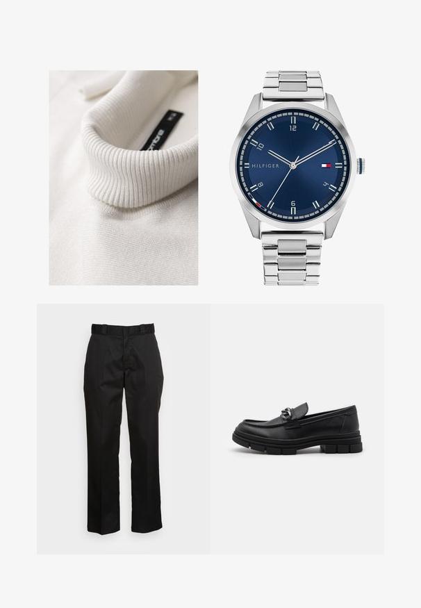 Maglione bianco a collo alto a coste visto da vicino, che mette in risalto la sua texture e i dettagli delle pieghe del colletto.; Pantaloni neri realizzati in un tessuto morbido, con design a gamba dritta, passanti per cintura e due tasche laterali. Aspetto classico senza decorazioni.; Mocassino in pelle nera con punta arrotondata, una fascia decorativa e accessori in metallo, e una suola spessa e testurizzata. Finitura liscia con dettagli sottili.; Orologio in metallo argentato con quadrante blu spazzolato, indici bianchi e display della data. Dotato di un bracciale metallico a maglie e logo del marchio.