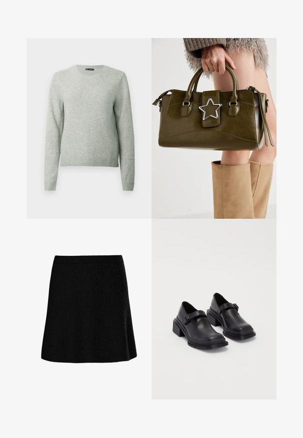 Helehall pikkade varrukatega ümarkaelusega sviiter, ribidega manšettide ja äärtega, esitatud lihtsal valgel taustal.; Must A-lõikeline seelik tekstuurse, pehme kangaga. Omaduseks on vormitud vöökoht ja lehvikukujuline siluett, mis annab sujuva ja vaba ilme.; Mustad mustad jalanõud ümmarguse varbaga, tasase tallaga ja kinnitusega rihmaga, millel on pandla detail. Suure plokknina, mis tagab lisastabiilsuse.; Oliivroheline kunstnahast käekott koos hõbedase tähe aktsendiga, kahe käepideme ja luku sulgemisega. Tekstuuriga pind ja struktureeritud kuju.