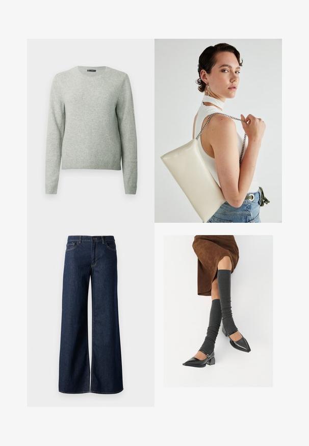 Vaaleanharmaa pitkähihaisa crew neck -neule ribbireunuksilla ja helmalla, esillä yksinkertaisen valkoisen taustan edessä.; Suorat lahkeet farkut tummansinisestä denimmistä. Ominaisuuksiin kuuluvat kontrastiväriset ompeleet, viisi taskua ja nappisuljenta vyötäröllä. Sileä pinta.; Musta lakattu nahkakengät teräväkärkisillä, leveällä kantapäällä ja nilkkahihnalla, yhdistettynä harmaisiin ribattuihin säärystimiin ja ruskeaan mokkasiinimekkoon.; Valkoinen suorakulmainen clutch-laukku, joka on valmistettu kiiltävästä materiaalista ja jossa on hopeinen ketjuolkahihna. Malli poseeraa laukku käsivarsillaan yksinkertaista taustaa vasten.