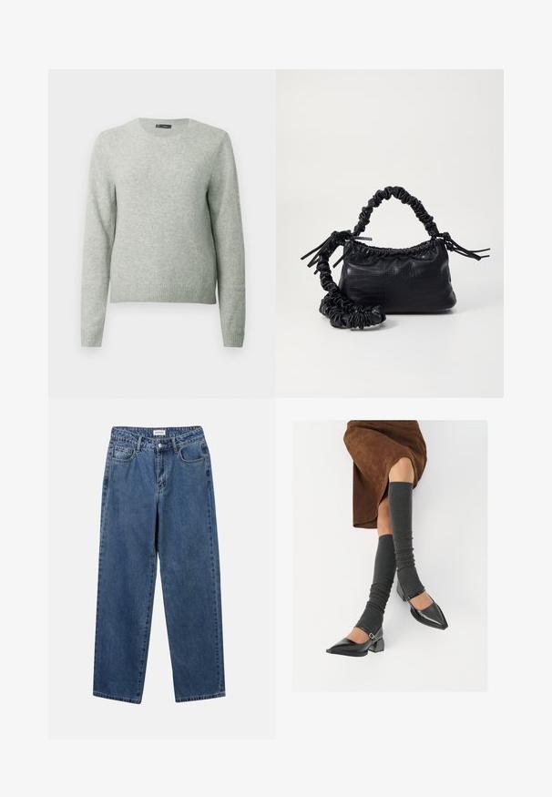 Maglione grigio chiaro a manica lunga con collo rotondo e polsini e orlo ribattuti, esposto su uno sfondo bianco neutro.; Jeans in denim blu classico con design a gamba dritta, cinque tasche e chiusura con bottone. Presentano un lavaggio medio e una trama robusta.; Scarpe nere in pelle verniciata con punta affilata, tacco a blocco e cinturino alla caviglia, abbinate a scaldamuscoli grigi a coste e una gonna in suede marrone.; Borsa a tracolla in ecopelle nera con texture a coccodrillo, apertura cinchata e tracolla arricciata. Si presenta con un design morbido e compatto.