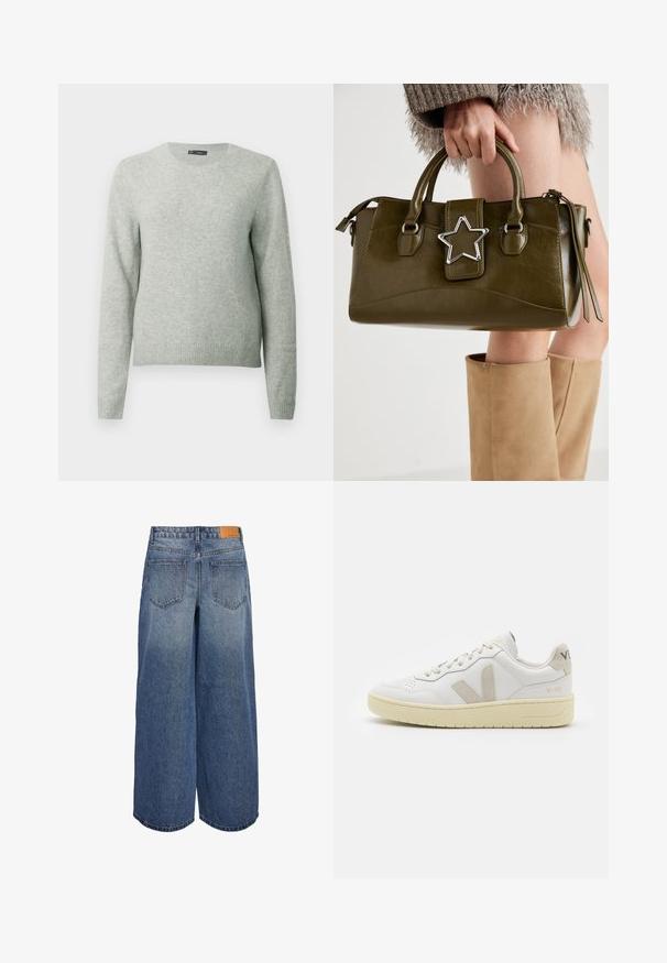 Helehall pikkade varrukatega ümarkaelusega sviiter, ribidega manšettide ja äärtega, esitatud lihtsal valgel taustal.; Keskmise sinise pesu ja kulunud tekstuuriga laiad denimpüksid, millel on kaks tagumist taskut ja pruun nahast brändilogo vöökoha peal.; Valge nahast tenniseking, millel on beežist siidist aktsent ja aukudega varvas, lame paelad ja tekstureeritud koorevärvi tallad. Omab nüansirikast brändimist kannal.; Oliivroheline kunstnahast käekott koos hõbedase tähe aktsendiga, kahe käepideme ja luku sulgemisega. Tekstuuriga pind ja struktureeritud kuju.