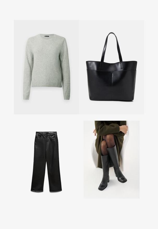 Vaaleanharmaa pitkähihaisa crew neck -neule ribbireunuksilla ja helmalla, esillä yksinkertaisen valkoisen taustan edessä.; Mustat keinonahkaiset leveälahkeiset housut, joissa on etutaskut, vyölenkit ja hienovarainen kiilto. Sileä pinta ja räätälöity istuvuus.; Polvisuoja mustat nahastossud, millel on ruudukujuline varvas ja plokk-kints, on esitatud mudeli seljas, kes istub oliivrohelises mantlis. Sile tekstuur, minimaalne detailitus.; Musta nahkainen kassi, jossa on kaksi pitkää kahvaa, sileä pinta ja jämäkkä muoto. Sisältää etutaskun lisävarastointia varten.