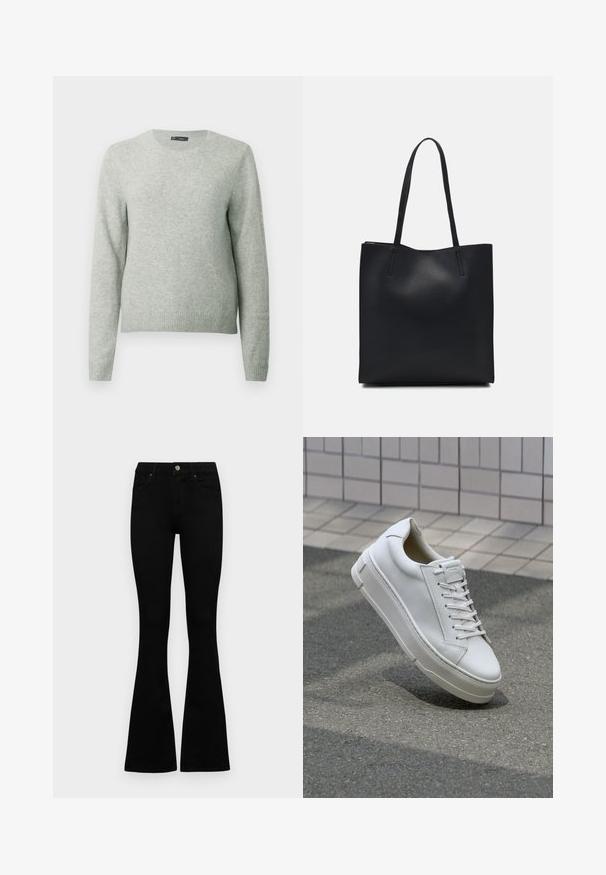 Hellgrauer langärmeliger Rundhals-Pullover mit gerippten Bündchen und Saum, vor einem schlichten weißen Hintergrund präsentiert.; Schwarze hochtaillierte Jeans mit einem Knopf- und Reißverschluss, Fronttaschen und ausgestellten Beinen, flach auf einem weißen Hintergrund ausgelegt.; Weiße Leder-Sneaker mit einem Low-Top-Design, flachen Schnürsenkeln, runder Zehenform und strukturierten Seiten. Dicke Gummisohle mit dezenten Akzenten.; Schwarze Laptoptasche aus Leder mit glatter Textur, rechteckiger Form und zwei langen Griffen. Keine sichtbaren Beschläge oder Verzierungen.