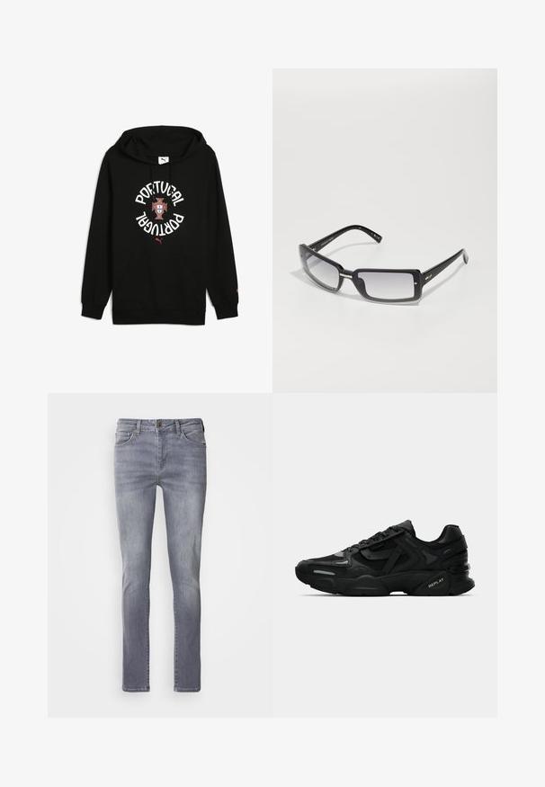 Black hoodie with drawstring, features "PORTUGAL" in white text, central coat of arms, and red accents. Includes front pocket and ribbed cuffs.; Light grey denim jeans with a straight cut, featuring five pockets, brass button closure, and subtle fading on the legs.; Black athletic sneakers with textured upper, reflective accents, and cushioned soles. Features laces and brand logo on the side.; Black rectangular sunglasses with a gradient lens, featuring a thick frame and metal accent details on the arms. Smooth texture throughout.