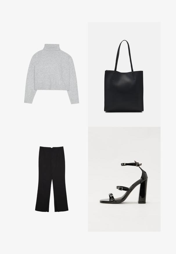 Harmaa, lyhyt kauluspusero, jossa on ribbineuleiset hihansuut ja helmakuja. Valmistettu pehmeästä materiaalista, jossa on sileä pinta ja yksinkertainen muotoilu.; Mustat housut suoralinjaisella leikkauksella, joissa on etutaskut ja sivurei'ät helman alla. Valmistettu pehmeästä ja sileästä kankaasta. Sopii eri tilaisuuksiin.; Musta kiiltävä korkokenkä sandaalit neliönmuotoisella varpaalla, nilkkaremmillä ja hopeisilla soljilla. Varustettu tukevalla lohkokorkealla vakauden takaamiseksi.; Mustapahkainen kangaskassi, jossa on sileä pinta, suorakaiteen muotoinen ja kaksi pitkää kahvaa. Ei näkyvää metalliosaa tai koristeita.