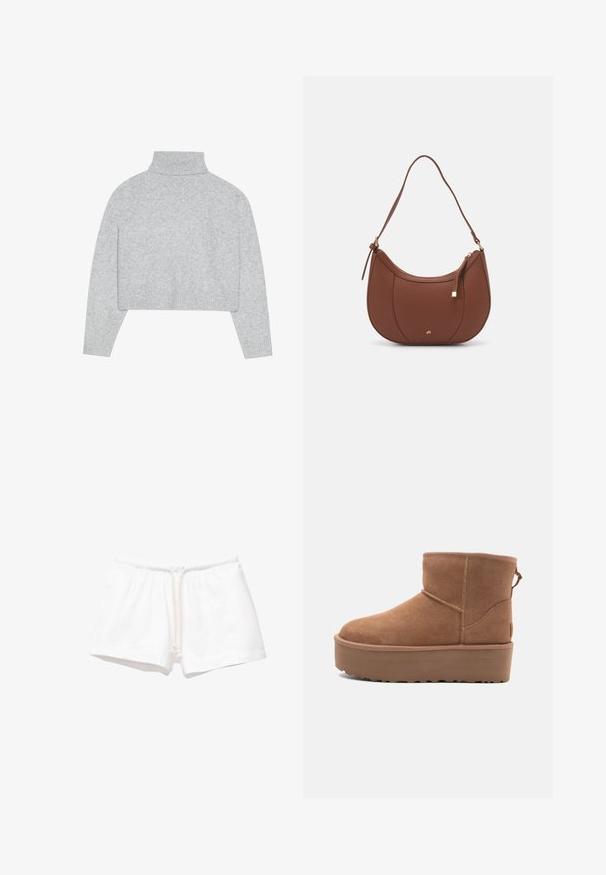 Szary, krótki sweter z golfem, z prążkowanymi mankietami i dołem. Wykonany z miękkiego materiału o gładkiej fakturze i prostym designie.; Białe bawełniane szorty z elastycznym pasem i sznurkiem, o gładkiej fakturze, bez wzorów czy dodatkowych akcentów.; Beżowe zamszowe botki za kostkę z platformą, zaokrąglonym noskiem i akcentami w postaci przeszyć; posiadają pętelkę z tyłu dla ułatwienia zakładania.; Brązowa torebka na ramię z eko-skóry o zaokrąglonym kształcie, z minimalnym przeszyciem i złotym akcentem na okuciach. Posiada zamek błyskawiczny u góry oraz regulowany pasek.