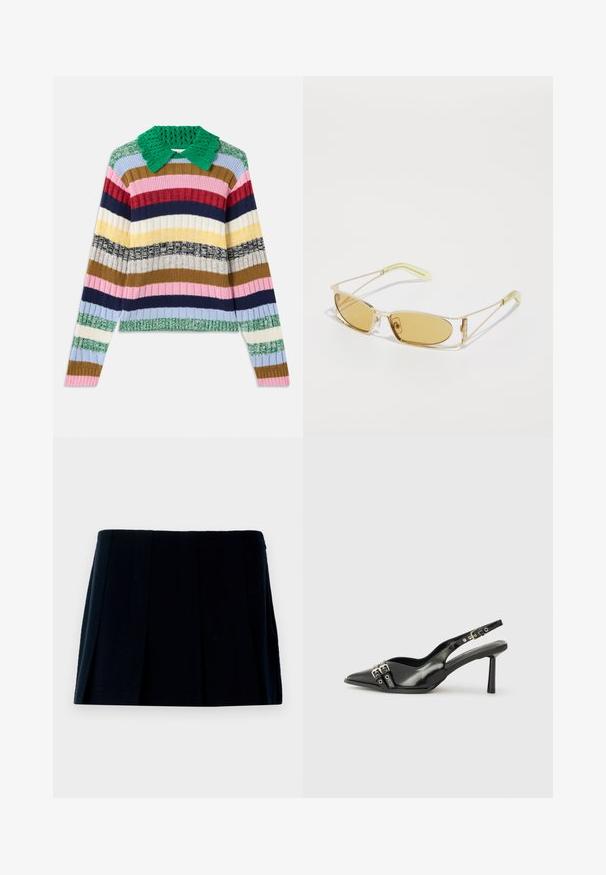 Pull multicolore à côtes avec un col en maille verte. Présente des rayures horizontales en rose, bleu marine, beige, jaune et vert.; Jupe mini plissée noire en tissu. Elle possède une taille droite et plusieurs plis verticaux pour la forme et la texture.; Chaussure slingback en cuir verni noir avec un embout pointu, des brides de cheville avec des boucles en argent et des éléments en métal, et un talon fin.; Lunettes de soleil teintées de jaune avec une monture dorée translucide, de forme rectangulaire fine et des branches angulaires avec des accents vert clair.; Sac fourre-tout noir avec un extérieur en nylon lisse, équipé de longues sangles en cuir, d'une bandoulière amovible et d'une plaque logo dorée.; Gants sans doigts en denim noir avec une finition texturée, dotés d'une fermeture à bouton-pression et d'une poche ouverte au niveau du poignet.