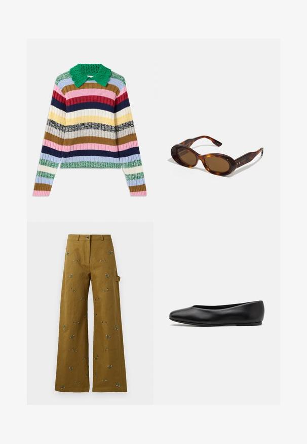 Měkký svetr s ribovaným vzorem v několika barvách, se zeleným pleteným límcem. Na svetr jsou vodorovné pruhy v růžové, námořnické modré, béžové, žluté a zelené barvě.; Kalhoty s širokými nohavicemi v olivově zelené látce s květinovou výšivkou. Mají zapínání na knoflík a boční kapsu. Celkově jsou zdobeny strukturovaným stehem.; Paul Smith TOPANGA - Klasické baleríny - black; Kočičí sluneční brýle s oválnými skly, hnědým tónem a zlatými akcenty na ramenech. Silné rámy s lesklým povrchem a hladkou texturou.