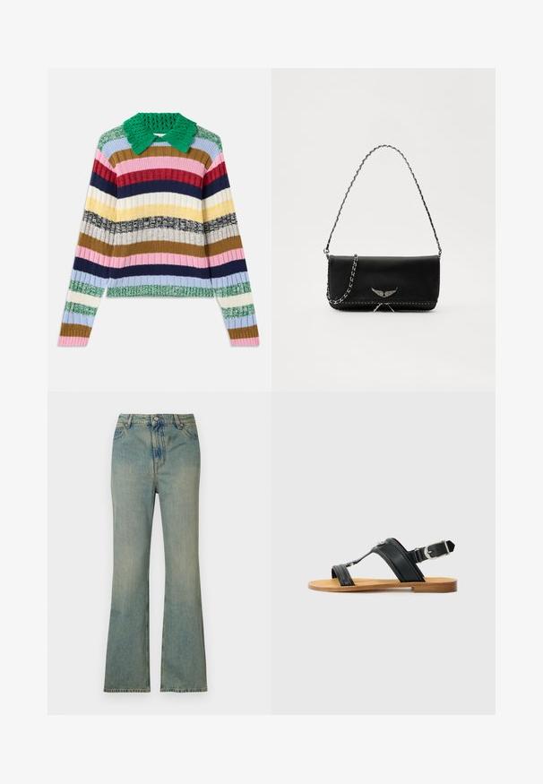 Mitmevärviline sooniline sviiter rohelise kudumisega kraega. Omab horisontaalseid triibu roosa, tumesinise, beeži, kollase ja rohelise värviga.; Heled sinised jilidööd, kõrge vöökoht, viie tasku ja luku tõmblukk. Puhtad, tuhmunud viimistlusega ja peentel õmblustega.; Mustad mustad nahast sandaal reguleeritava pandlaga, lame pruuni tallaga, ja kaks laia rihma, mis ületavad jalga, minimalistik disain.; Mustvalge nahk käekott hõbedase ahelsanga ja dekoratiivsete tiivaaktsentidega, samuti valgete õmblustega alumises ühenduses.