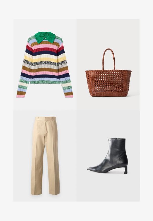 Suéter acanalado multicolor con un cuello de punto verde. Presenta rayas horizontales en rosa, azul marino, beige, amarillo y verde.; Pantalones beige ajustados con un diseño de pierna recta, que presentan una textura suave, pliegues centrales en la parte delantera y una cinturilla clásica.; Botín de cuero negro hasta el tobillo con punta afilada y un diseño elegante. Presenta un tacón bajo y un cierre con cremallera en la parte trasera. Textura suave.; Bolso tote de color marrón tejido con un patrón abierto, forma rectangular y dos asas trenzadas. Cuenta con una base sólida para mayor soporte.