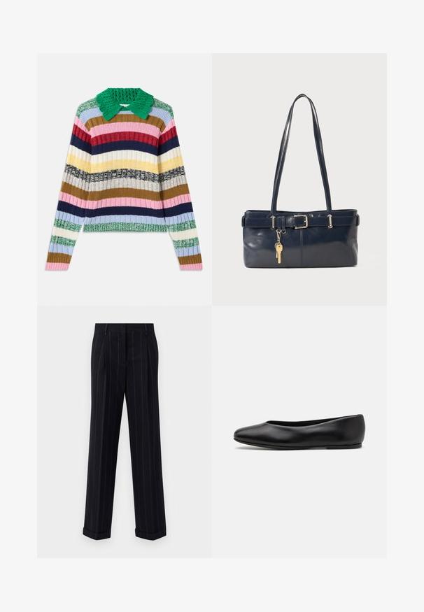 Mnogobarvna rebrasta pulover z zelenim pletenim ovratnikom. Ima vodoravne črte v roza, mornarsko modri, bež, rumeni in zeleni barvi.; Črne hlače s pinstripes vzorcem in prilagojenim krojem, opremljene z manšetnim robom in sprednjimi pregibi. Narejene iz gladkega materiala z ustrezno strukturo.; Paul Smith TOPANGA - Balerinke - black; Mornarska usnjena torbica z dvema dolgima ročajema, dodatkom z zaponko in pritrjeno ključavnico. Ima gladko teksturo in pravokotno obliko.