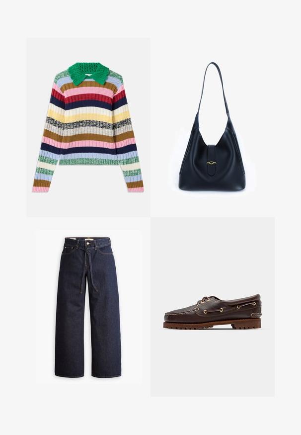 Mitmevärviline sooniline sviiter rohelise kudumisega kraega. Omab horisontaalseid triibu roosa, tumesinise, beeži, kollase ja rohelise värviga.; Laiad joped tumeda sinise denimi ja kõrge taljega, millel on paela kinni tõmbamise võimalus, viis taskut ja kontrastsete õmblustega detailid.; Pruun nahkne paadisuss kuldsete silmadega, ümmarguste nööridega ja tekstuuriga pruuni kummitaldiga. Omab õmmeldud detaile ja väljaulatuvat logo.; Must mustrist must alune, leeval ja pehme disainiga. Omab lamedat rihma ja keskel asuvat sulgemist, millel on kuldne aksent.