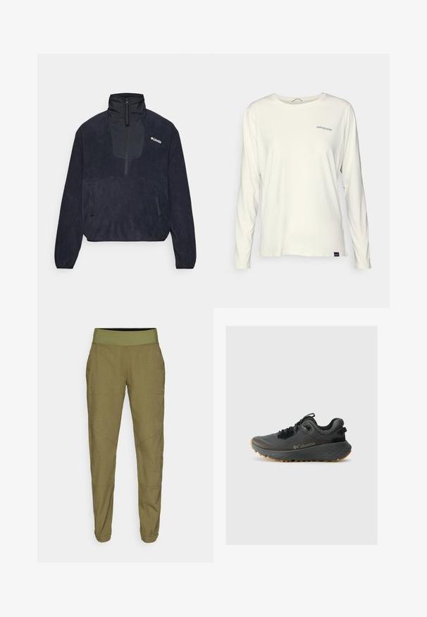 Pulôver de fleece em azul marinho com um colarinho alto, fecho de meio zíper na frente, dois bolsos laterais com fecho, e uma textura suave. Logotipo da Columbia no peito.; Camiseta de manga longa e decote redondo em algodão off-white. Apresenta um logo azul da Patagonia no lado esquerdo do peito e um corte ajustado.; Calças em verde oliva com corte ajustado, cintura elástica, tecido leve e dois bolsos laterais. Apresenta costuras discretas e bainhas com punho.; Columbia TERRASTRIDE CRZ - Sapatos de caminhada - shark/black