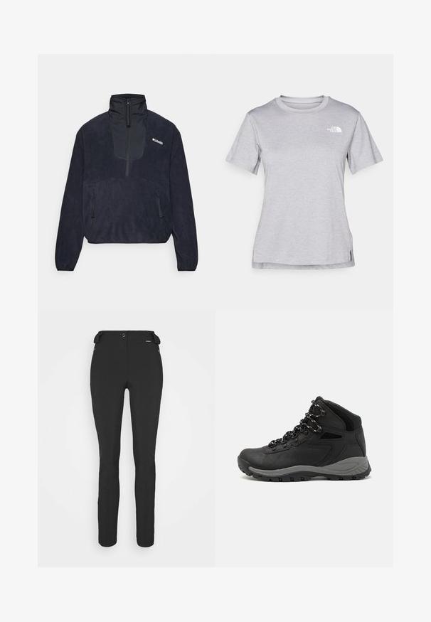 Sötétkék polár pulóver magas gallérral, fél cipzáros elülső résszel, két cipzáras oldalzsebbel és sima tapintással. Columbia logó a mellrészen.; Szürke, rövid ujjú póló, puha, nedvességet elvezető anyagból készült. Kerek nyakú, és egy kis fehér logó található a bal felső részen.; Fekete, testhezálló nadrág rugalmas anyagból. Jellemzők: cipzáras oldalzseb, artikulált térdek és sima felület.; Fekete túracipő közepes magasságú kialakítással, texturált felsőrésszel, szürke részletekkel és strapabíró gumitalppal, amelynek tapadós kiemelkedései vannak.