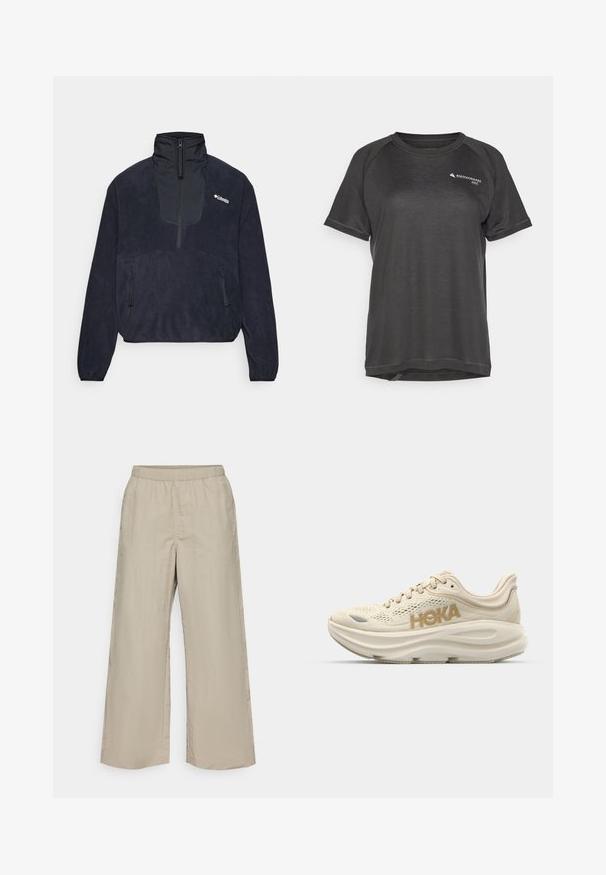 Pullover in pile blu scuro con colletto alto, apertura a mezza zip sul davanti, due tasche laterali con zip e una texture liscia. Logo Columbia sul petto.; Maglietta sportiva a maniche corte color grigio scuro, con tessuto testurizzato, maniche raglan e un piccolo logo sul lato sinistro anteriore.; Pantaloni a gamba larga in tessuto beige chiaro con vita elastica, superficie liscia e senza hardware visibili o motivi.; Scarpa da corsa color beige chiaro con tomaia in rete, colletto imbottito, logo "HOKA" in oro ben visibile e suola spessa e ammortizzata per il comfort.