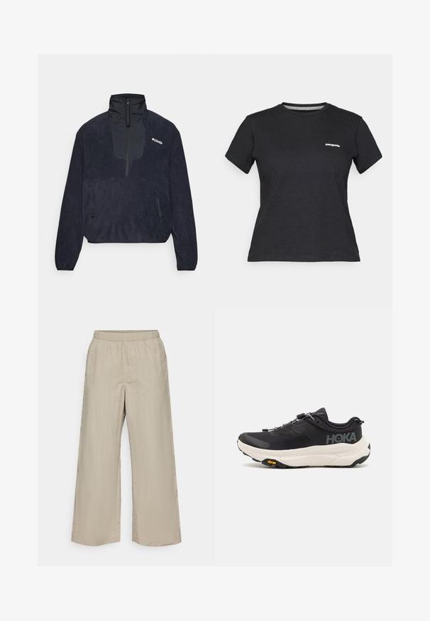 Pullover in pile blu scuro con colletto alto, apertura a mezza zip sul davanti, due tasche laterali con zip e una texture liscia. Logo Columbia sul petto.; T-shirt in cotone nero con colletto rotondo e maniche corte. Presenta un logo bianco "Patagonia" sull'area sinistra del petto.; Pantaloni a gamba larga in tessuto beige chiaro con vita elastica, superficie liscia e senza hardware visibili o motivi.; Scarpe da ginnastica nere con tomaia in mesh traspirante, suola in gomma, intersuola bianca ammortizzante e lacci riflettenti. Logo Vibram sulla suola.