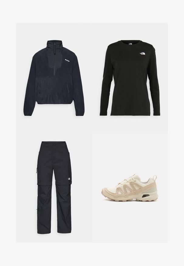 Fleece pullover in navy with a high collar, half-zip front, two zippered side pockets, and a smooth texture. Columbia logo on the chest.; Black long-sleeve t-shirt made of cotton with a round neck. Features a small white logo on the left chest area. Simple design and fit.; Black nylon zip-off cargo trousers with adjustable cuffs, multiple pockets, and a logo on the right leg. Smooth, lightweight texture.; Beige and cream athletic shoe with textured mesh upper, supportive overlays, and rubber outsole featuring a tread pattern for traction.