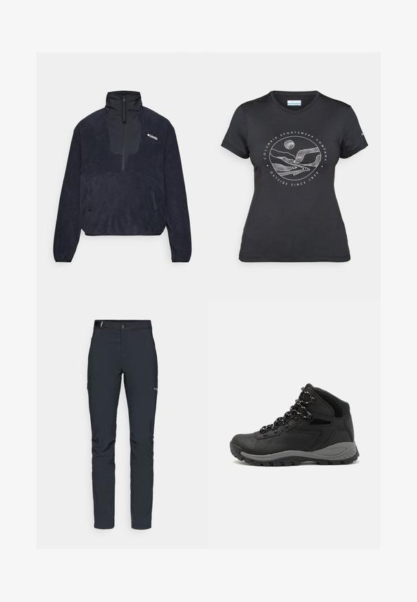 Sötétkék polár pulóver magas gallérral, fél cipzáros elülső résszel, két cipzáras oldalzsebbel és sima tapintással. Columbia logó a mellrészen.; Fekete Columbia póló fehér, kör alakú hegy és folyó vonalrajzzal, valamint a "Columbia Sportswear Company Outside Since 1938" felirattal.; Férfi kültéri nadrág, sötétszürke, rugalmas anyagból készült, övvel, cipzáros zsebekkel és megerősített varratokkal.; Fekete túracipő közepes magasságú kialakítással, texturált felsőrésszel, szürke részletekkel és strapabíró gumitalppal, amelynek tapadós kiemelkedései vannak.