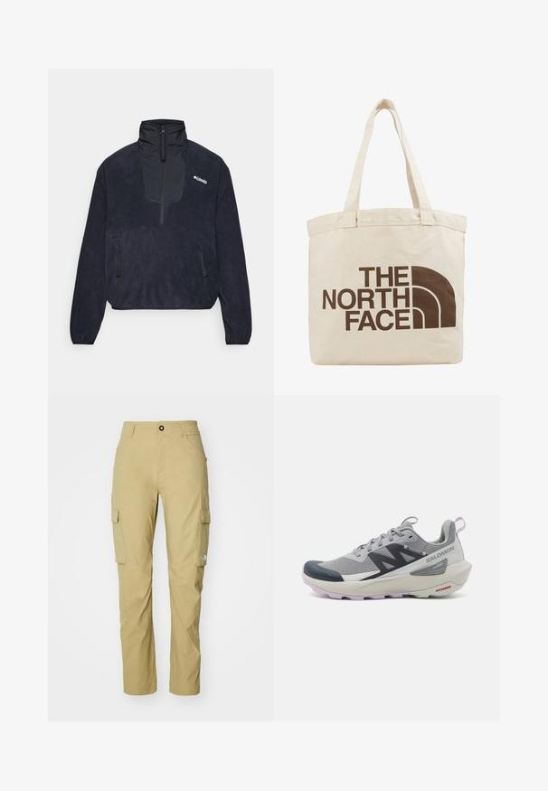 Pullover in pile blu scuro con colletto alto, apertura a mezza zip sul davanti, due tasche laterali con zip e una texture liscia. Logo Columbia sul petto.; Pantaloni cargo in khaki chiaro, con gamba dritta, multiple tasche laterali e una semplice vita con chiusura a bottone. La trama è liscia.; Scarpa da corsa Salomon in grigio e blu navy con una tomaia in mesh traspirante, punta in gomma e suola testurizzata con accenti di lavanda.; Borsa tote in tela beige con due manici, caratterizzata da un grande testo del logo marrone scuro "THE NORTH FACE" e un elemento di design semicircolare.