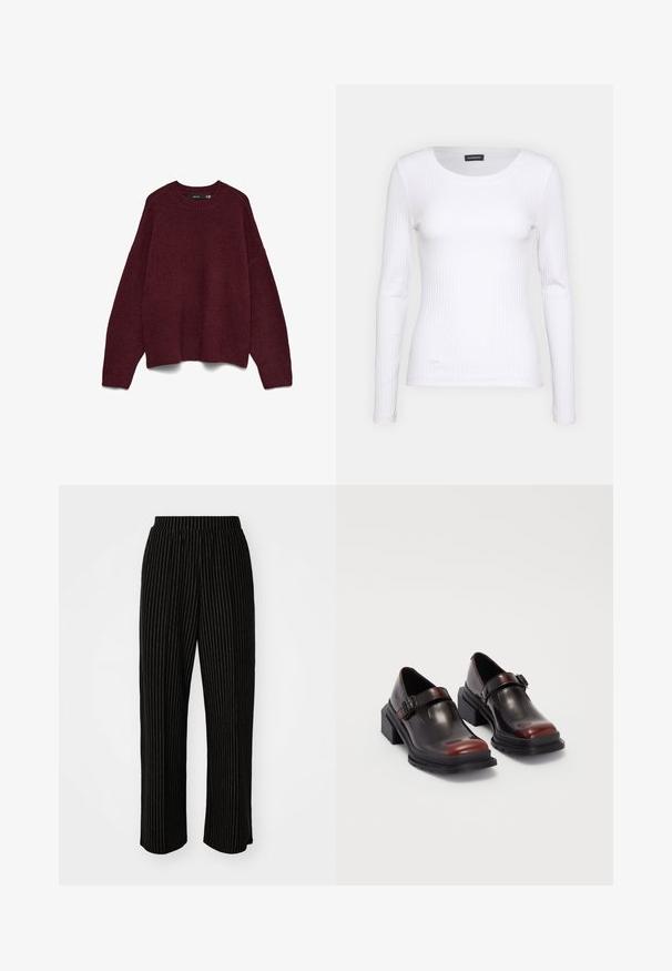 Vero Moda VMBOOM - Πουλόβερ - winetasting; Λευκή ριγέ μπλούζα μακρυμάνικη με στρογγυλή λαιμόκοψη. Κατασκευασμένη από ελαστικό ύφασμα που αγκαλιάζει το σώμα. Διαθέτει διακριτές οριζόντιες γραμμές.; Μαύροι παντελόνες με φαρδύ πόδι και λευκές κάθετες ρίγες, διαθέτοντας ελαστική μέση για άνεση και λεία, μαλακή υφή.; Δερμάτινα παπούτσια με τακούνι block σε γυαλιστερό σκούρο μπορντώ χρώμα, με λουράκι που κλείνει με αγκράφα και στρογγυλή μύτη. Υφή στην σόλα για καλύτερη πρόσφυση.