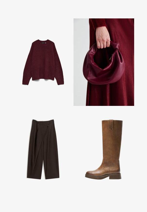 Pulover tricotat cu mânecă lungă, de culoare vișinie închisă, cu guler rotund și manșete și tiv dintr-un model cu nervuri, expus plat pe un fundal alb.; Pantaloni largi de culoare maron închis, cu talie înaltă, având închiere cu un singur nasture și un față pliată. Confectionați dintr-un material ușor.; Botă din piele maro, până la genunchi, cu vârf rotunjit, suprafață texturată și toc mic, îngroșat. Dispune de un panou lateral și un capac de prindere în partea de sus.; Geantă de mână din piele burgundă, cu un design moale și pliat și o formă rotundă. Mânerele sunt securizate, evidențiind o textură netedă.
