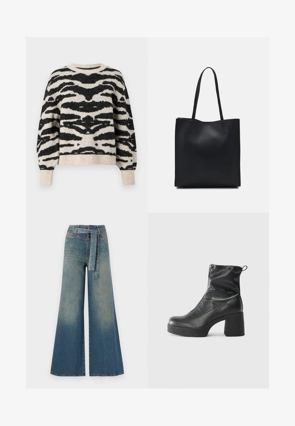 ONLY ONLAMBER O NECK - Strikkegenser - oatmeal; Bredde ben jeans med en lyseblå til mørkeblå gradient, høyt liv, beltehemper og et matchende belte i samme stoff. Teksturert denimoverflate.; Svarte ankelstøvler laget av glatt lær, med glidelås på siden, chunky strukturert hæl, og rund tå-design.; Svart lær tote bag med glatt tekstur, rektangulær form og to lange håndtak. Ingen synlige deler eller dekorasjoner.