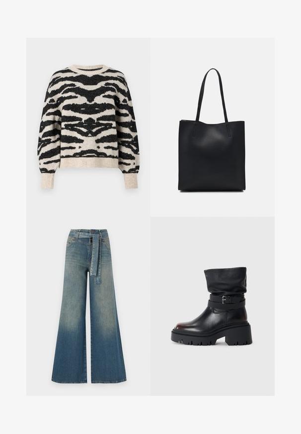 ONLY ONLAMBER O NECK - Strikkegenser - oatmeal; Bredde ben jeans med en lyseblå til mørkeblå gradient, høyt liv, beltehemper og et matchende belte i samme stoff. Teksturert denimoverflate.; Svart lær ankelstøvel med en slapp overdel, spenne detaljer og tykk, robust såle. Har en rund tå og glatt tekstur.; Svart lær tote bag med glatt tekstur, rektangulær form og to lange håndtak. Ingen synlige deler eller dekorasjoner.