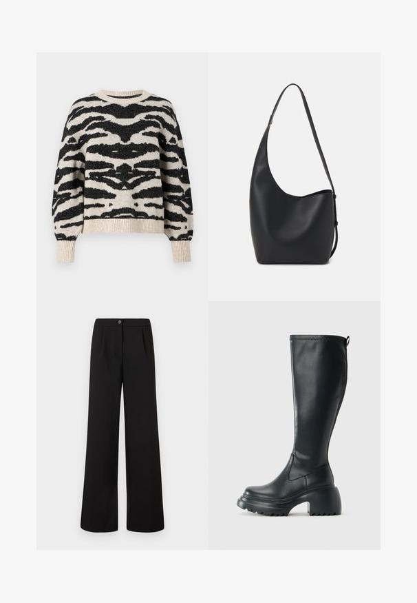 ONLY ONLAMBER O NECK - Jumper - oatmeal; Black high-waist wide-leg trousers with front button and zipper closure, featuring subtle pleats below the waistband.; Tall black leather boot with chunky platform sole and block heel, featuring pull tab and textured tread on outsole.; Black leather hobo bag with a smooth texture, curved shape, and single adjustable strap; features a wide opening at the top.